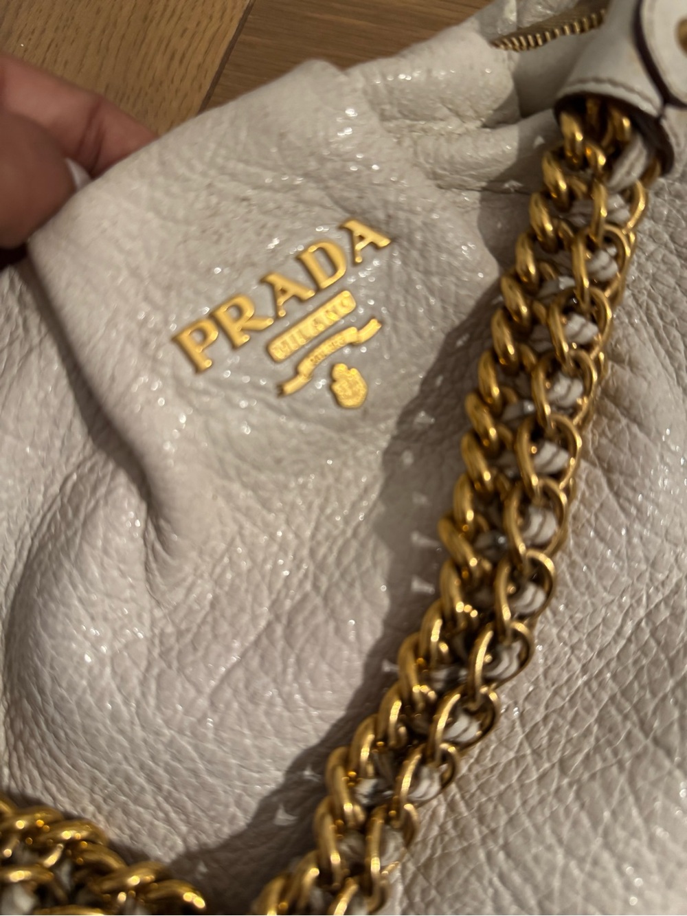 PRADA Cervo Lux Chain Hobo Shoulder Bag Leather Cream GHW PREOWNED - Picture 3 of 16